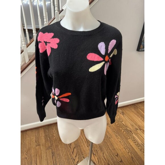 CRUSH CASHMERE Tropical Floral Cashmere Sweater Black Multi Size 0 XS - Picture 8 of 10